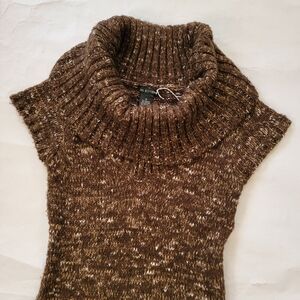 Marl Knit Sweater Tunic Brown & Cream Short Sleeve Turtleneck Cowl